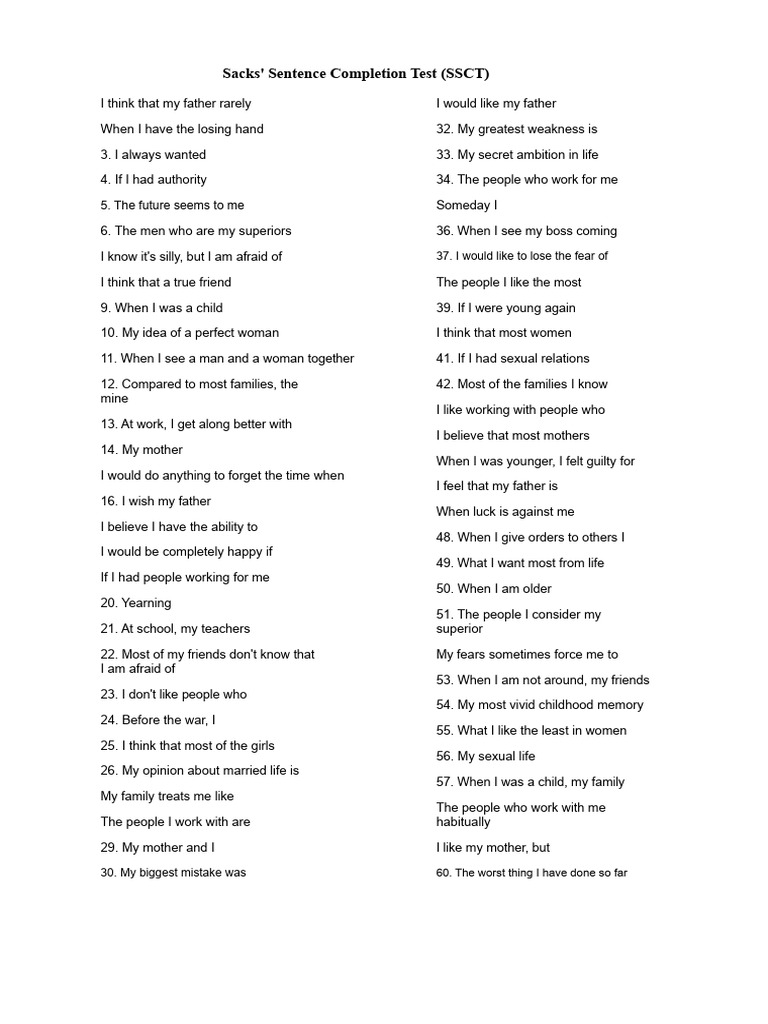 Sacks' Sentence Completion Test Overview | PDF | Behavioural Sciences ...