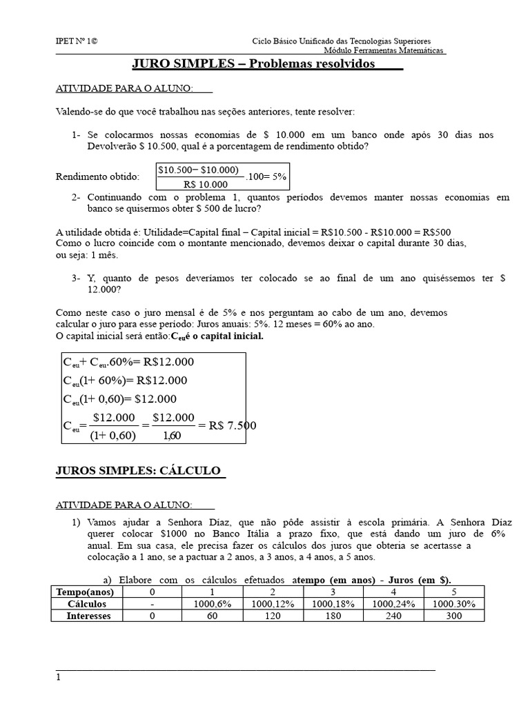 Exercícios de Juros Simples Resolvidos | PDF | Juros | Matemática