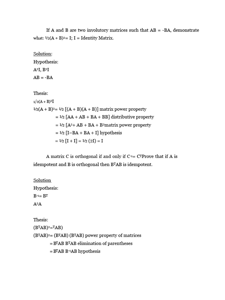 Involutory Matrices and Idempotence Proofs | PDF