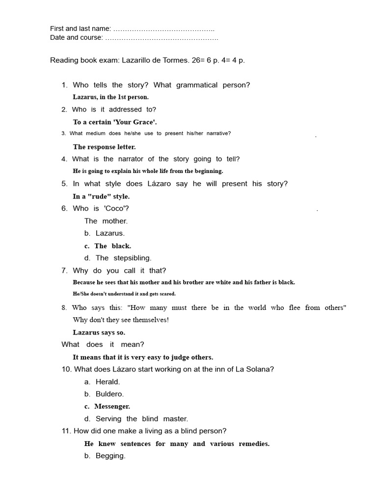 Lazarillo de Tormes Exam Questions Guide | PDF