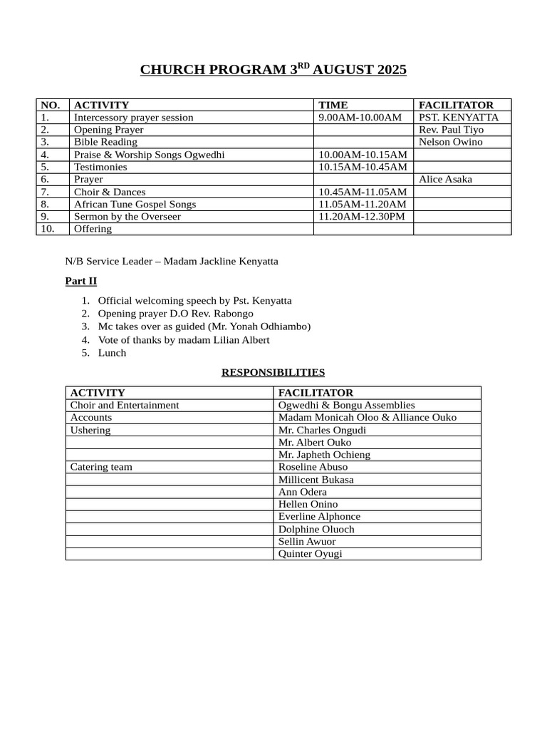 Church Program 3rd August 2021 | PDF
