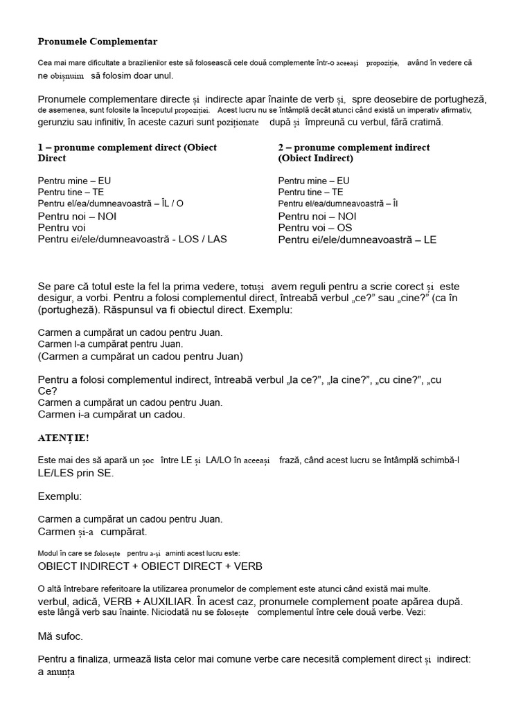 Pronume Complementare Cu Exerciții | PDF
