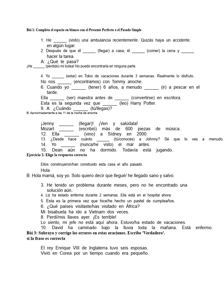 Ejercicios de Presente Perfecto y Pasado Simple | PDF