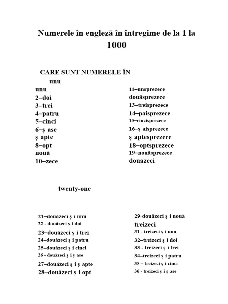 Numere În Engleză Scrise Complet de La 1 La 1000 | PDF
