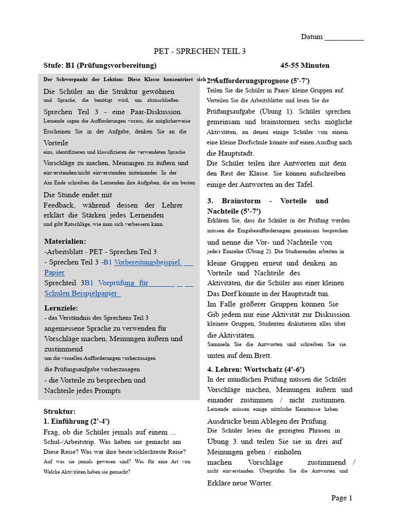 Cambridge Pet b1 Sprechen Teil 3 Unterrichtsplan | PDF