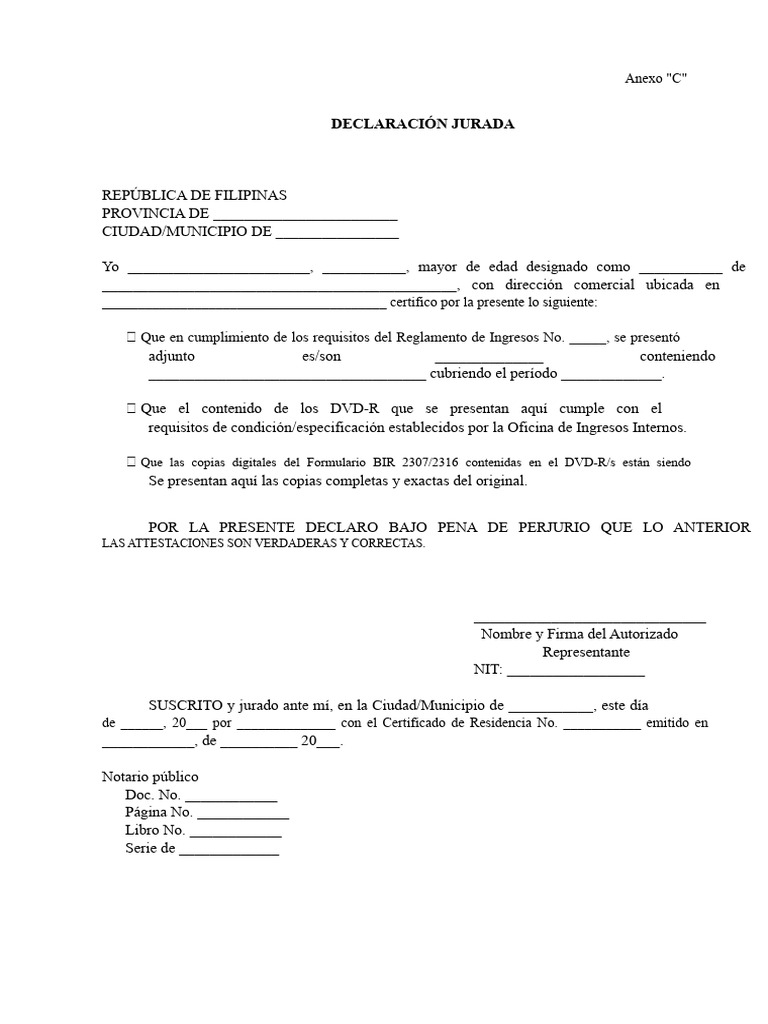 Declaración Jurada de Ingresos Filipinas | PDF