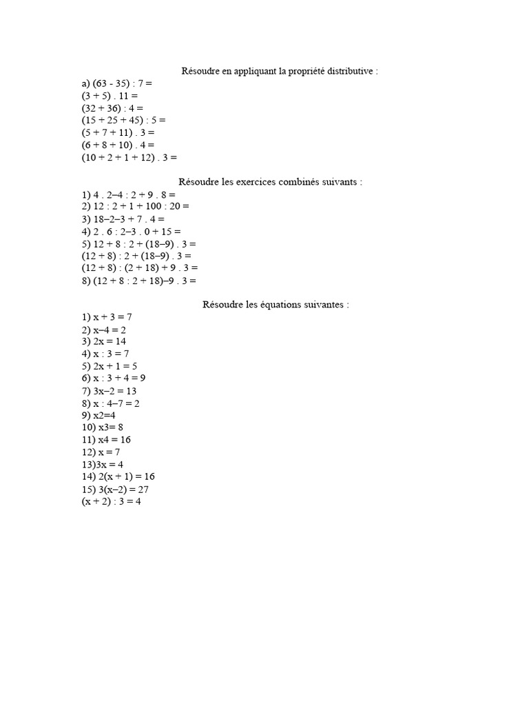 Exercices de mathématiques : Distributivité et équations | PDF