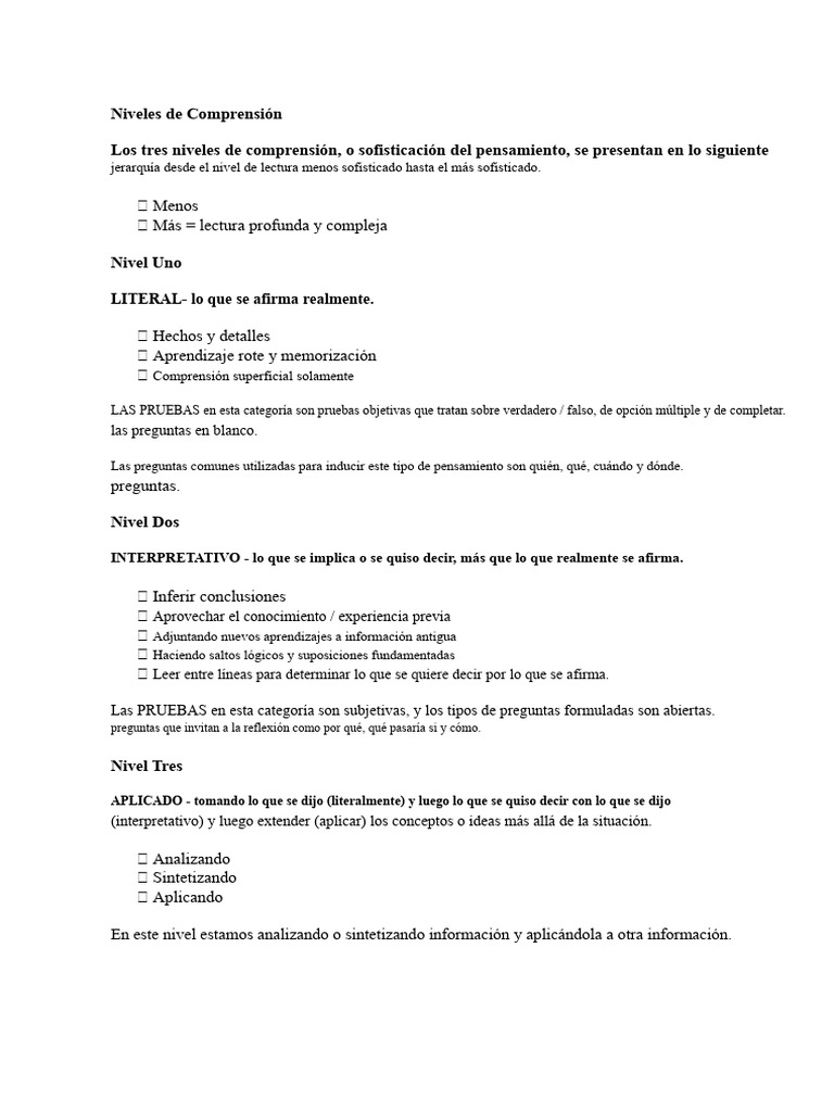 Niveles de Comprensión en Lectura | PDF | Pensamiento | Comprensión