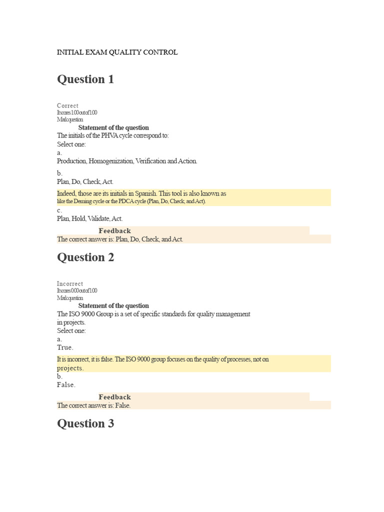 INITIAL QUALITY CONTROL EXAMINATION | PDF | Quality Management | Customer