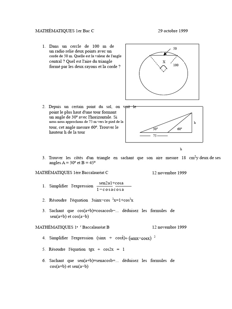 Problèmes de mathématiques Bac C et B | PDF | Trigonométrie | Triangle