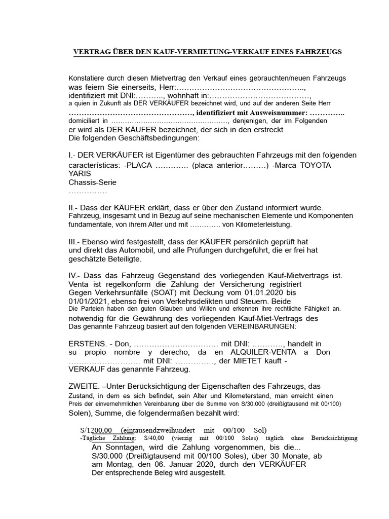Mustervertrag Für Den Kauf Und Verkauf Von Fahrzeugen | PDF