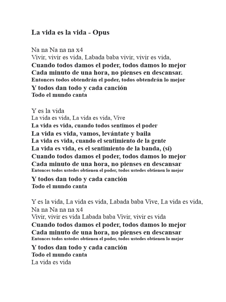 La vida es vida: Letra de Opus | PDF
