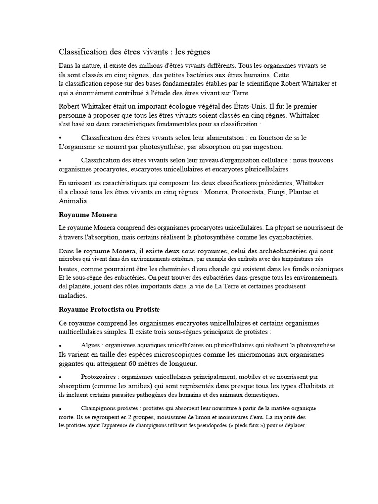 Classification des Règnes du Vivant | PDF | Champignons | Cellule ...