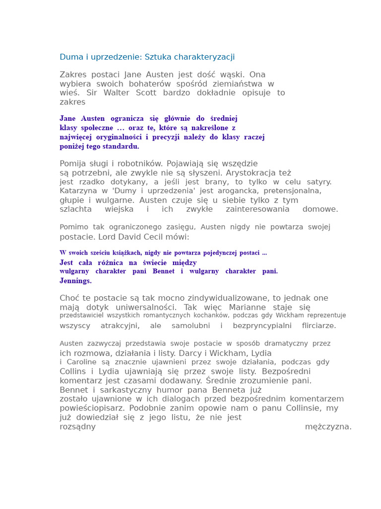 Duma I Uprzedzenie: Sztuka Charakteryzacji | PDF
