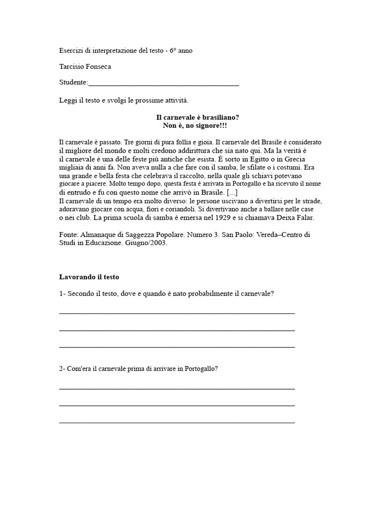 Esercizi Di Comprensione Del Testo 6° Anno - 3 | PDF