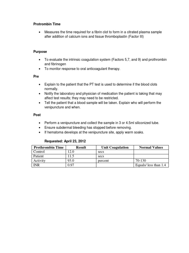 Prothrombin Time Test Results and Ranges | PDF