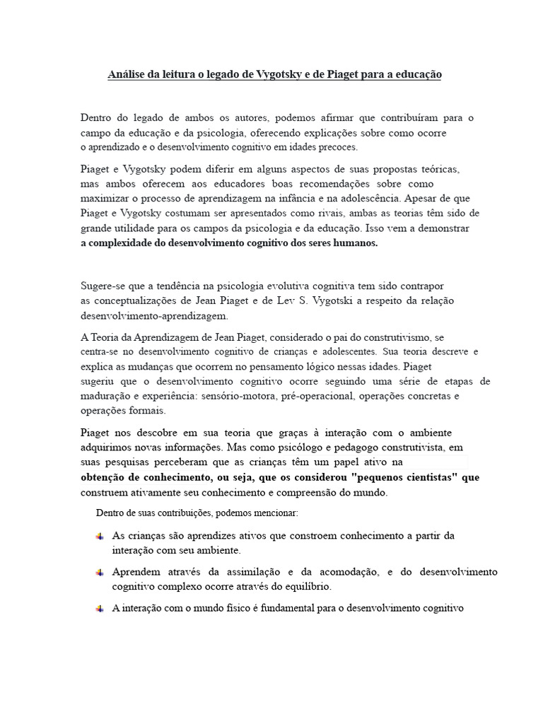 Vygotsky e Piaget: Teorias da Aprendizagem | PDF | Aprendizado | Psicologia