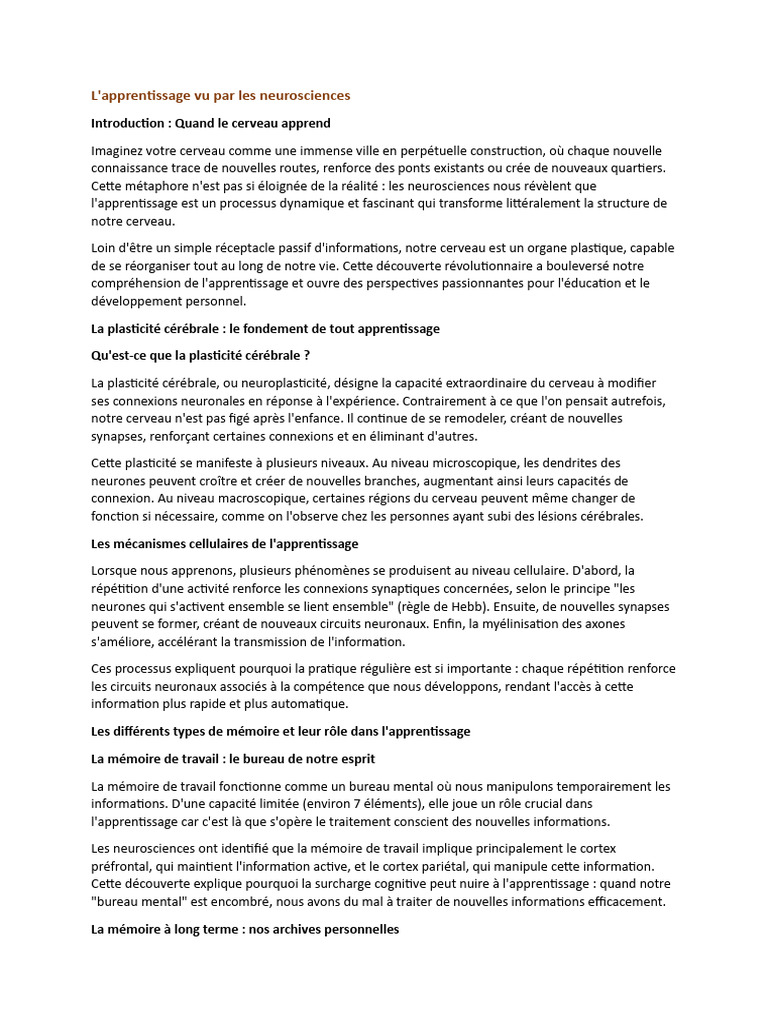 Neurosciences et apprentissage : clés essentielles | PDF | Plasticité ...