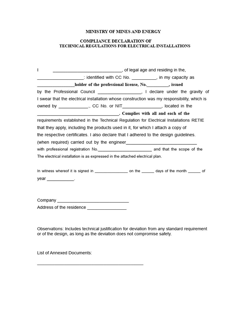 Electrical Installation Compliance Declaration | PDF