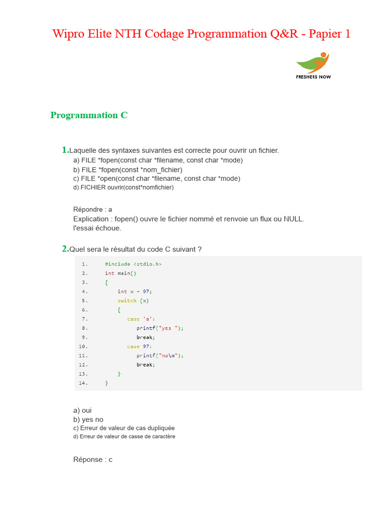 Wipro Elite NTH Q&R Programmation C/C++/Java | PDF | Java (Langage de ...
