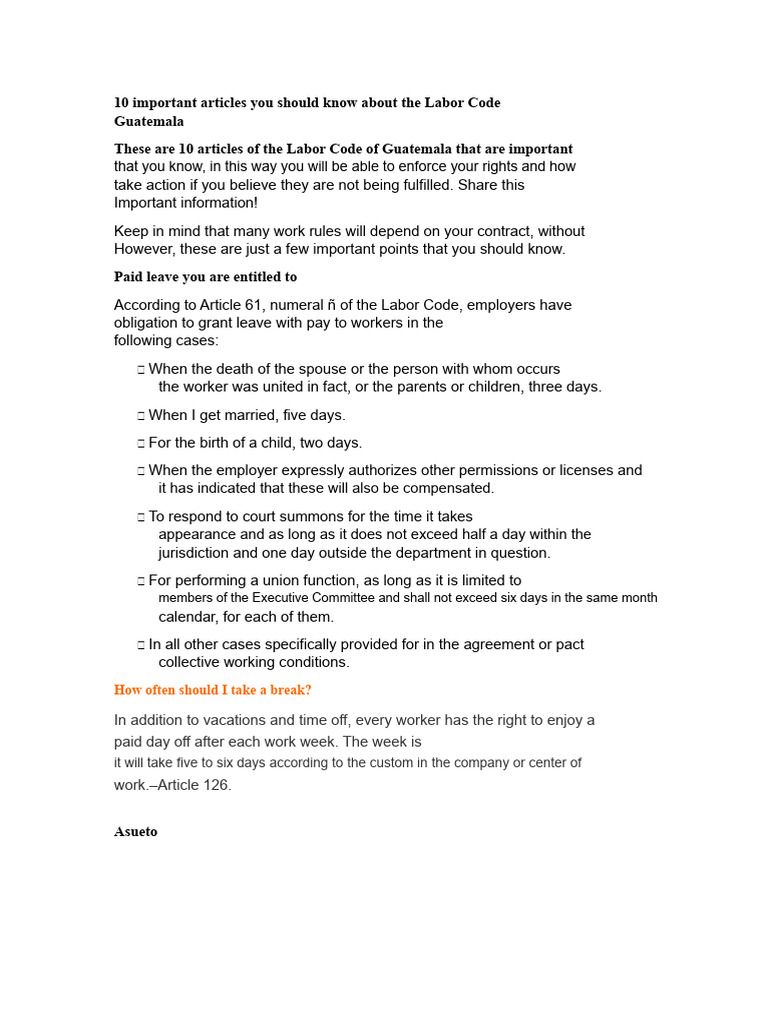 Key Articles of Guatemala's Labor Code | PDF | Labour Law | Employment