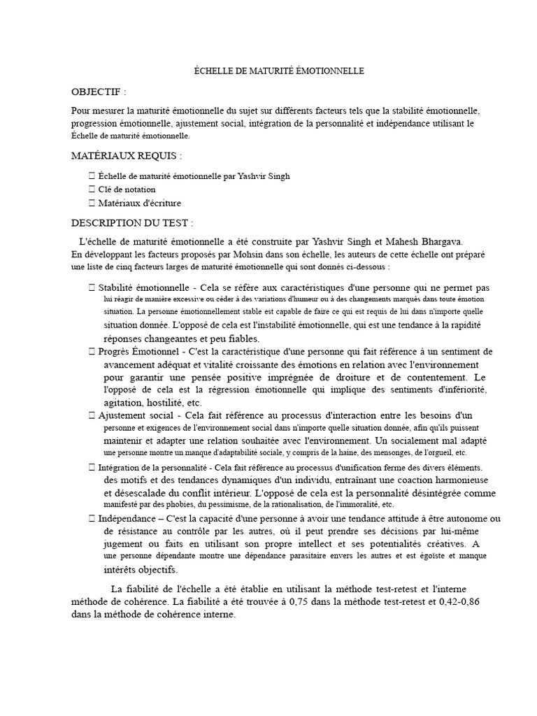 Échelle de Maturité Émotionnelle | PDF | Émotions | Concept de psychologie