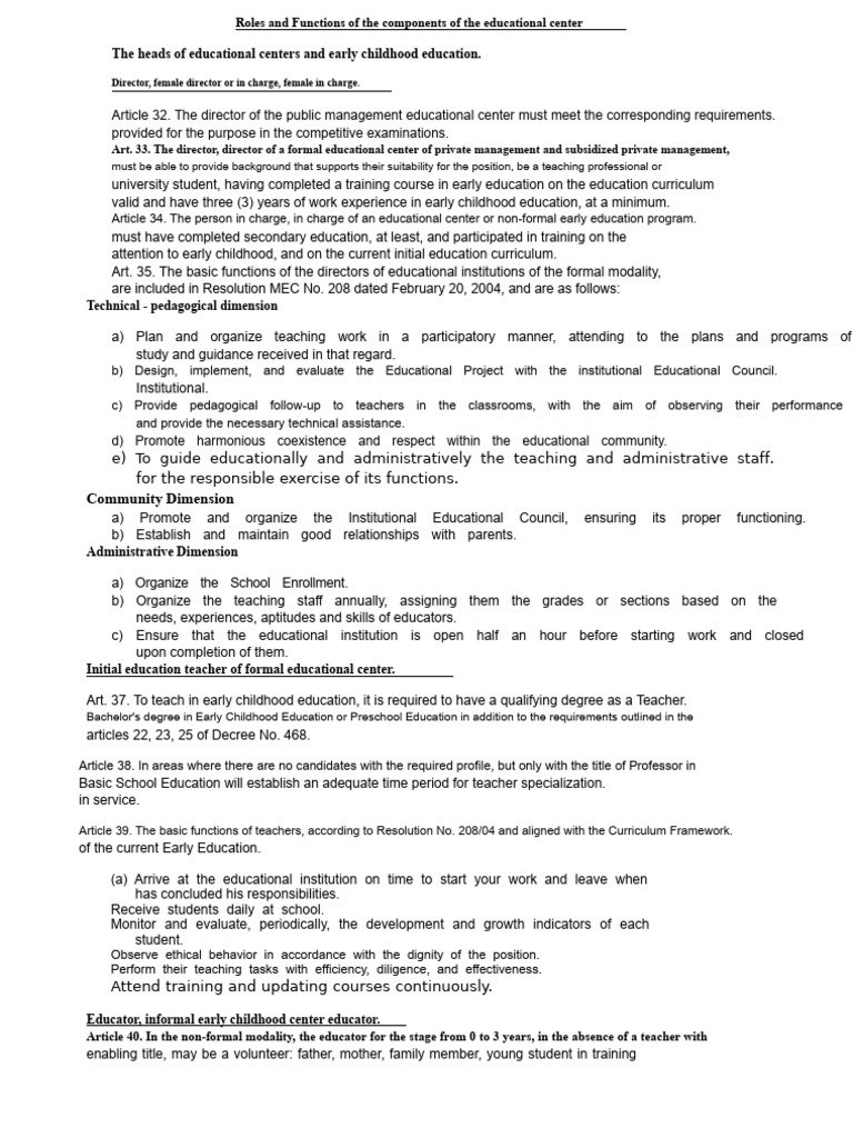 Roles of Educational Center Components | PDF | Teachers | Preschool