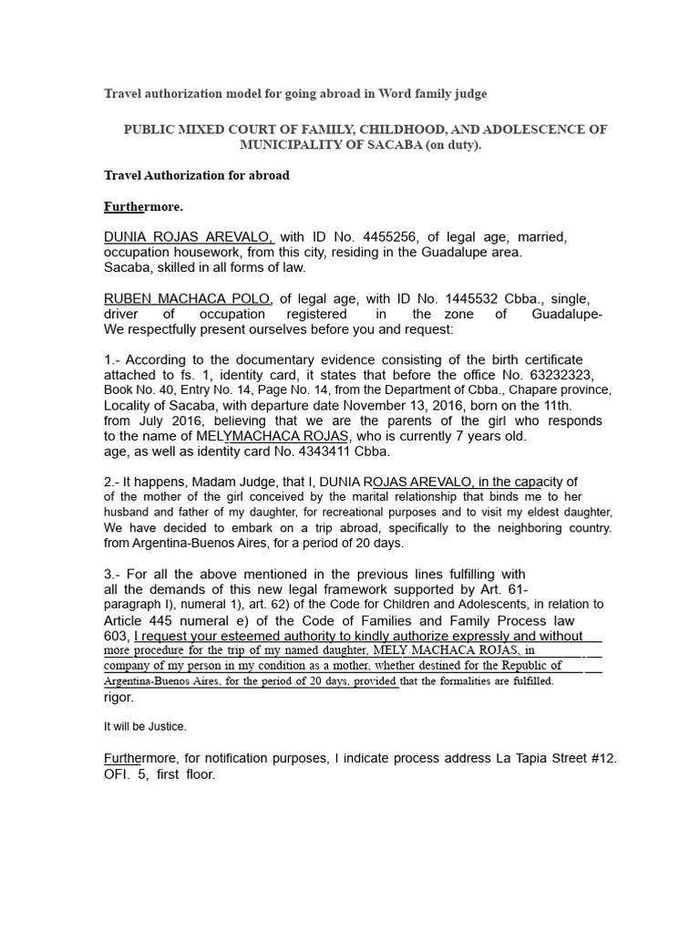 Travel Authorization Model For International Travel in Word Family ...