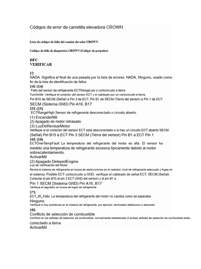 Códigos de error montacargas CROWN | PDF | Conector eléctrico | Sensor