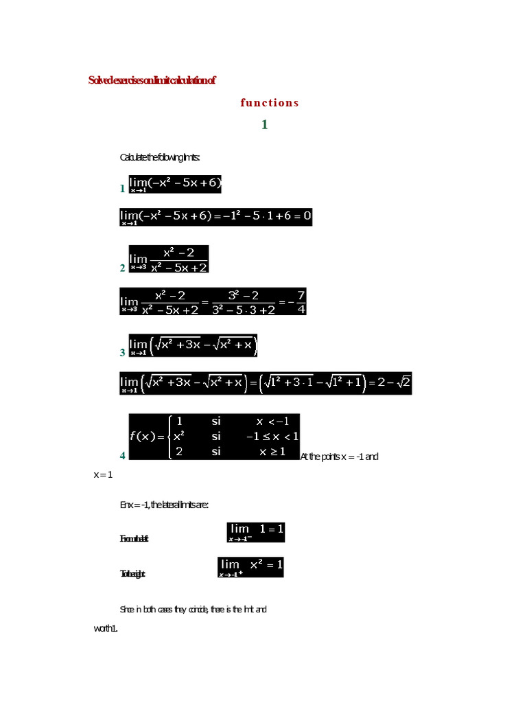 Limit Calculation Exercises Solved | PDF