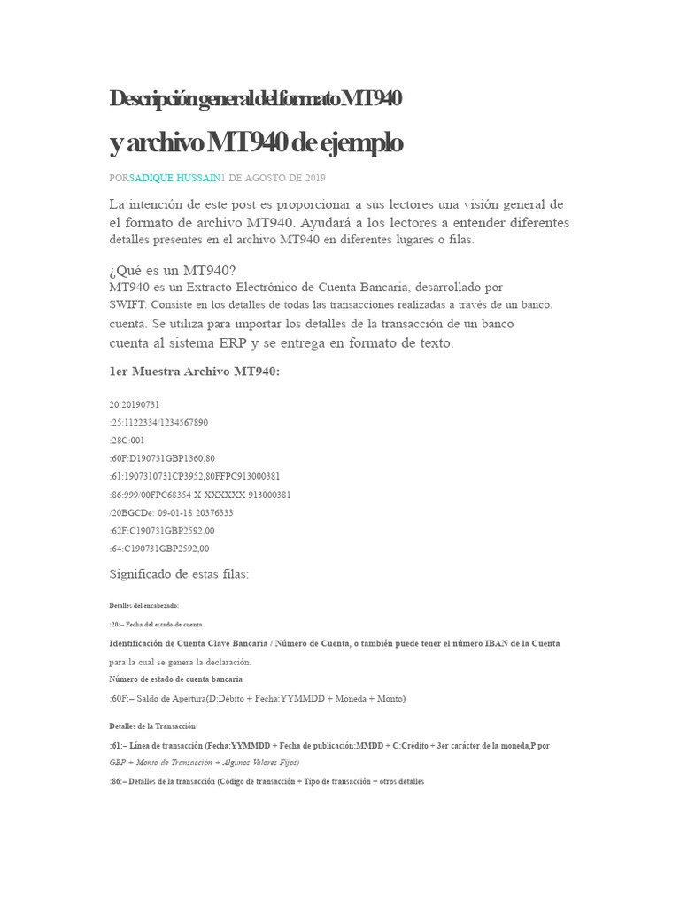 Descripción General Del Formato MT940 y Archivo de Muestra MT940 | PDF ...