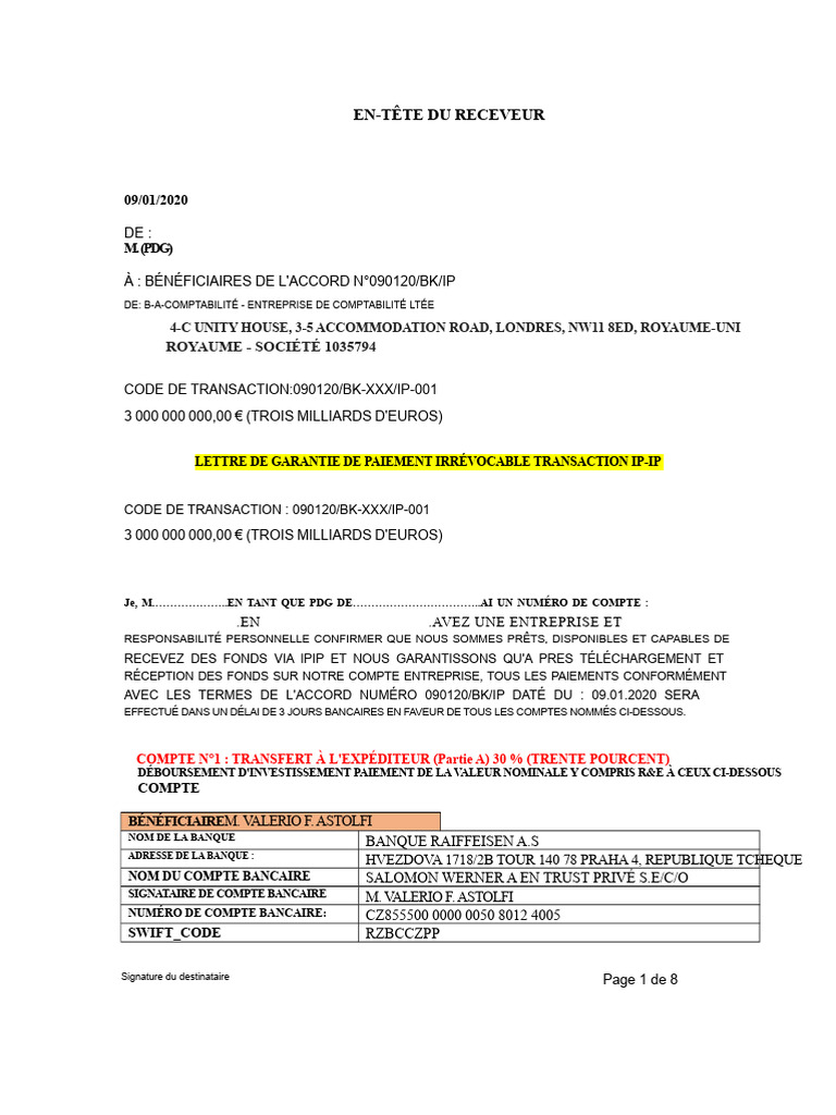 Accord de Paiement Irrévocable 2020 | PDF | Banques | Virement bancaire