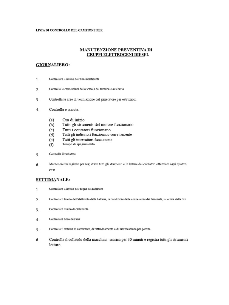 Lista Di Controllo Del Generatore | PDF