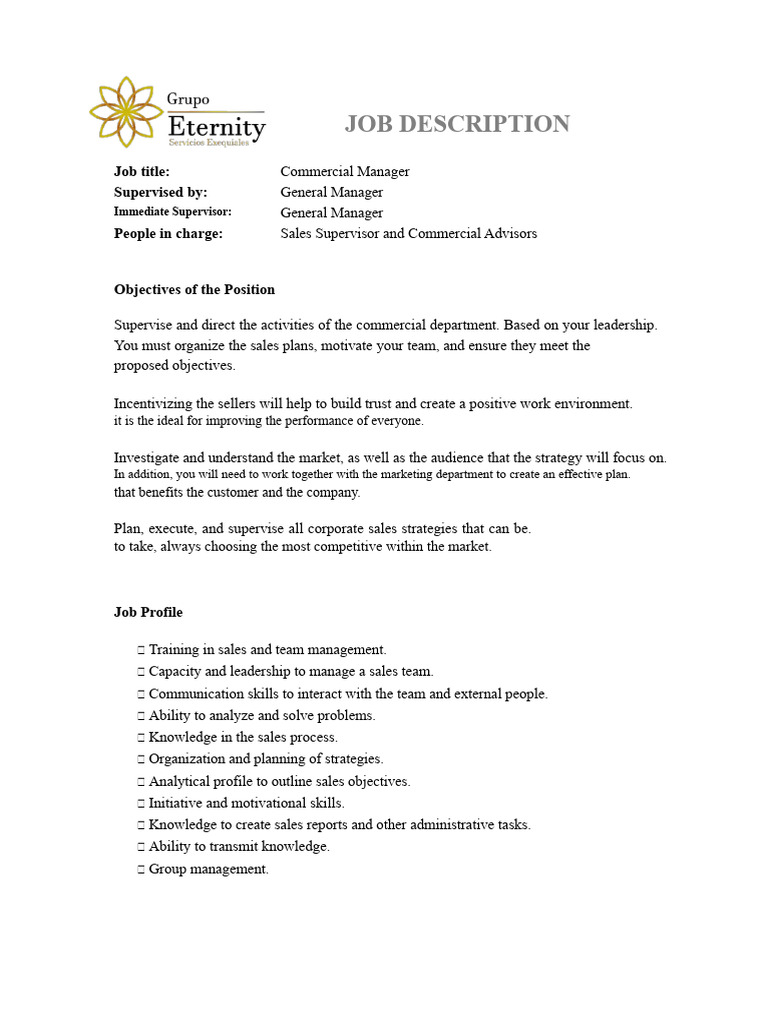 Commercial Manager Job Overview | PDF | Sales | Leadership