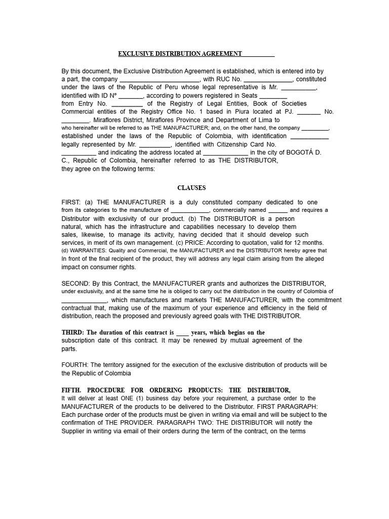 Exclusive Distribution Agreement | PDF | Private Law | Business Law