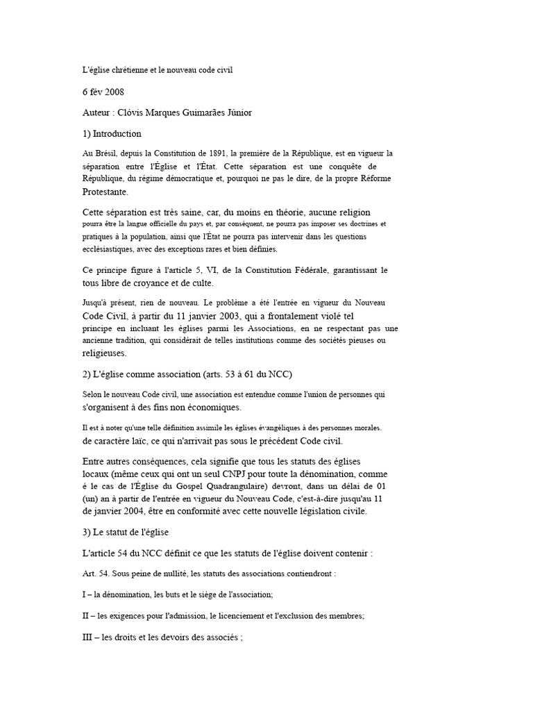 Église chrétienne et Nouveau Code Civil | PDF | Constitution | Bruit