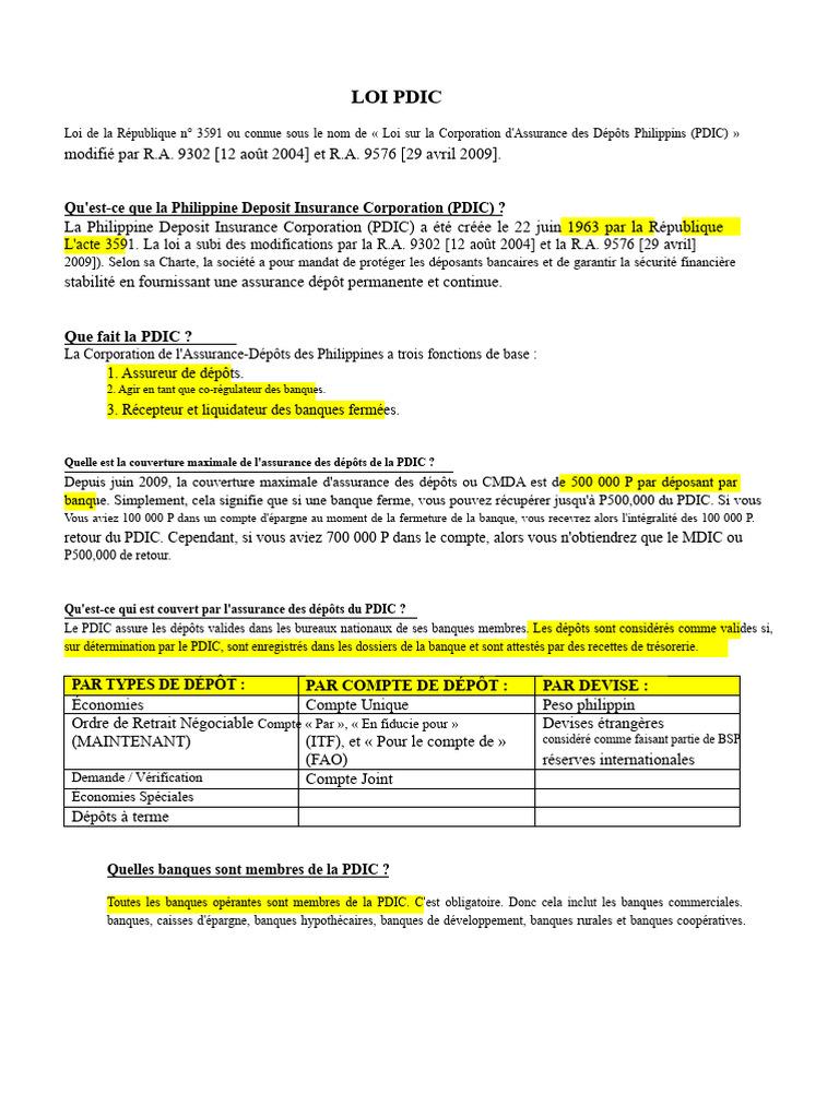 Assurance Dépôts PDIC aux Philippines | PDF | Banques | Bancaire