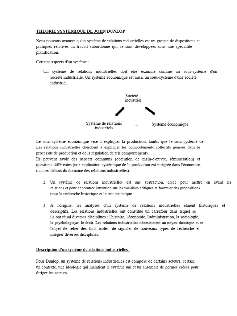 Théorie systémique de Dunlop sur le travail | PDF | Relations ...
