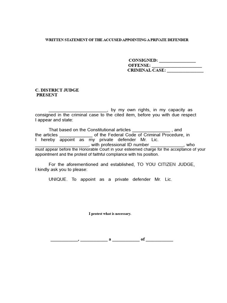 Written Statement of The Accused Naming Private Defense Attorney | PDF