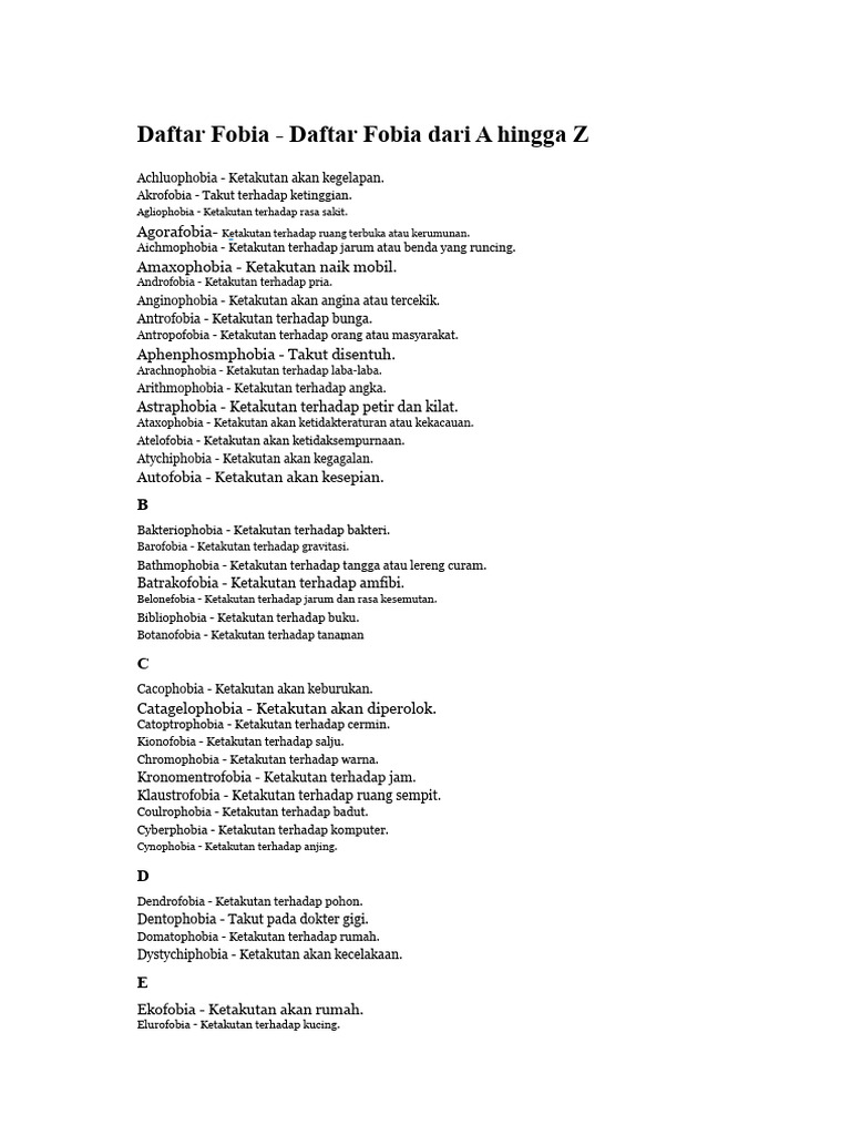 Daftar Fobia dari A hingga Z | PDF