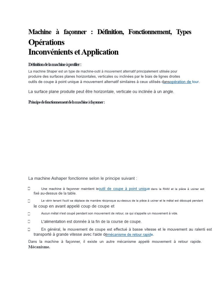 Machine à Façonner : Types et Fonctionnement | PDF | Usinage | Piston