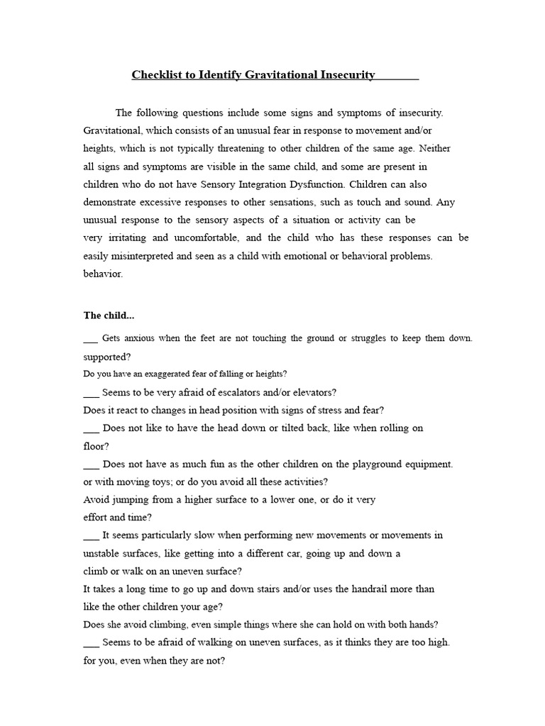 Gravitational Insecurity Checklist | PDF | Fear | Anxiety