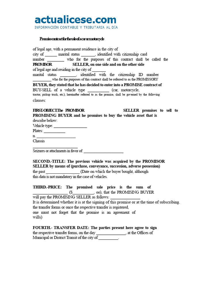 Car and Motorcycle Sale Promise Contract | PDF | Sales | Taxes