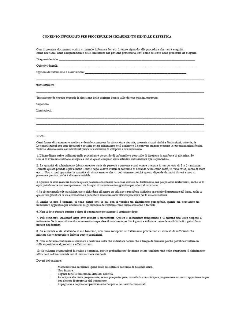 Consenso Informato Per Procedure Di Sbiancamento Dentale e Estetica | PDF