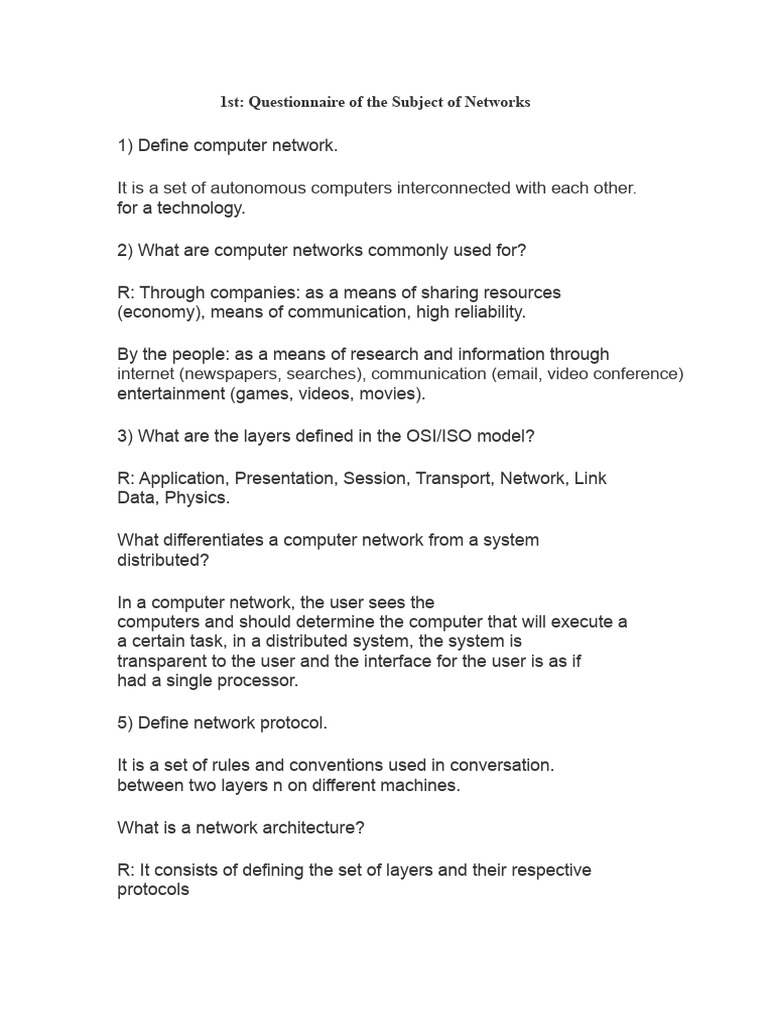 1st Questionnaire Of The Networking Discipline Pdf Computer Network