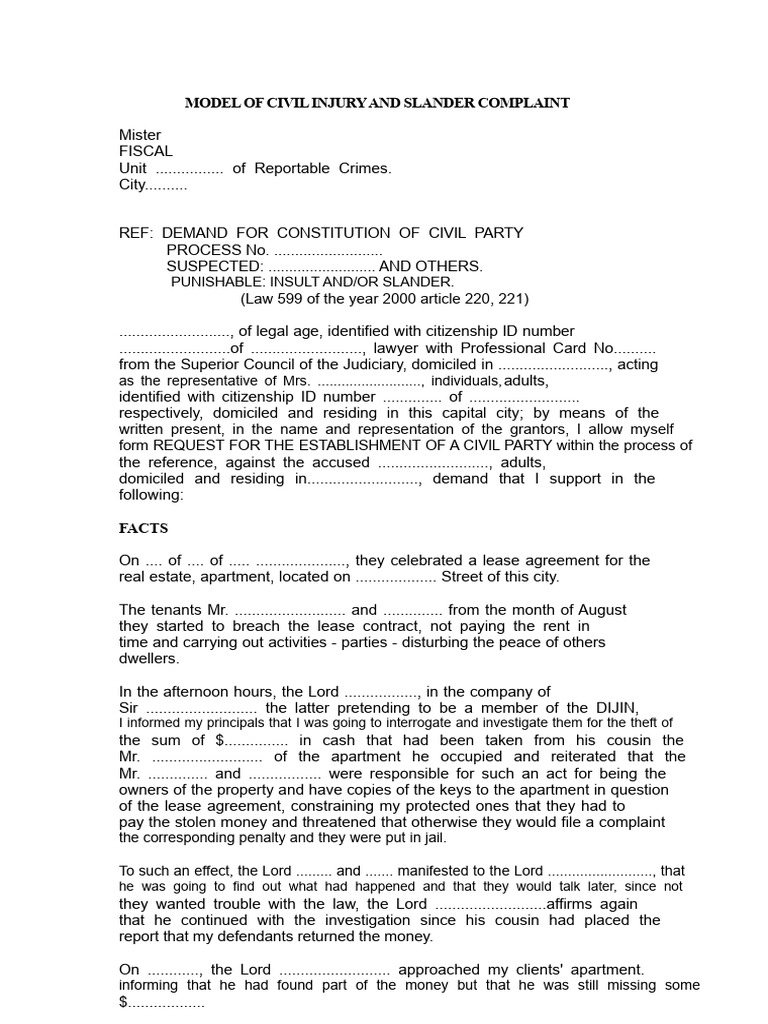 Civil Model Dem. Defamation and Slander | PDF | Defamation | Damages