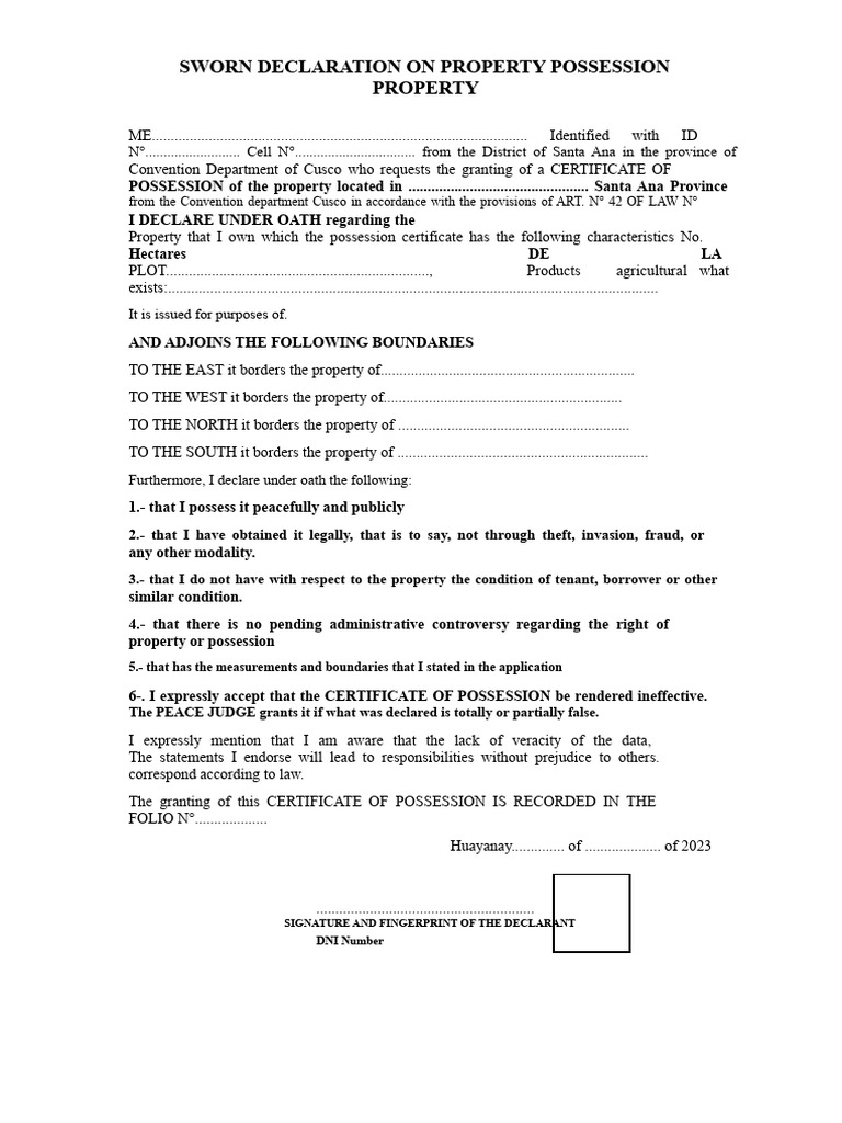 Sworn Declaration for Property Possession | PDF | Property | Affidavit