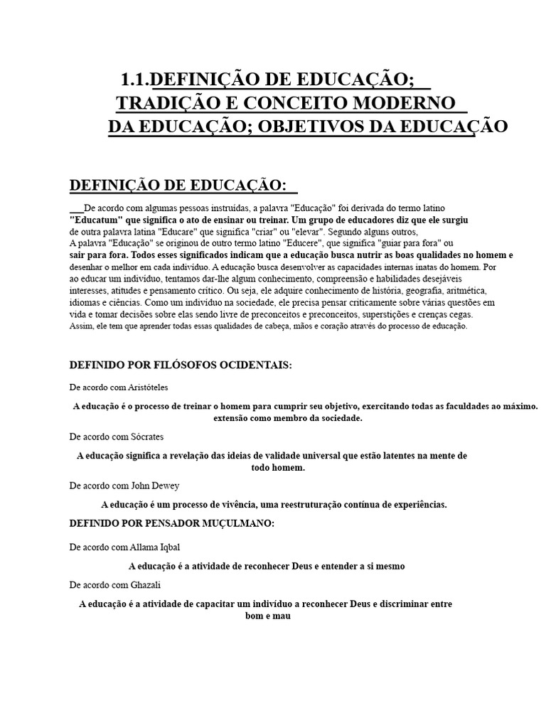 Definição e Objetivos da Educação | PDF | Aprendizado | Pedagogia