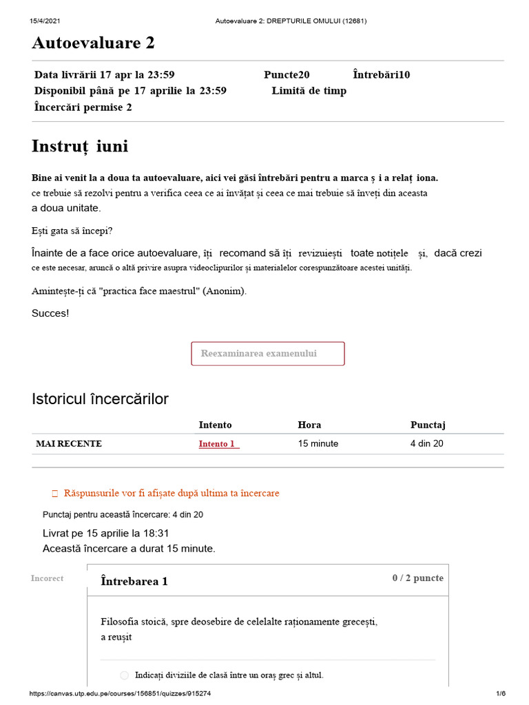 Autoevaluare 2 - DREPTURILE OMULUI (12681) | PDF