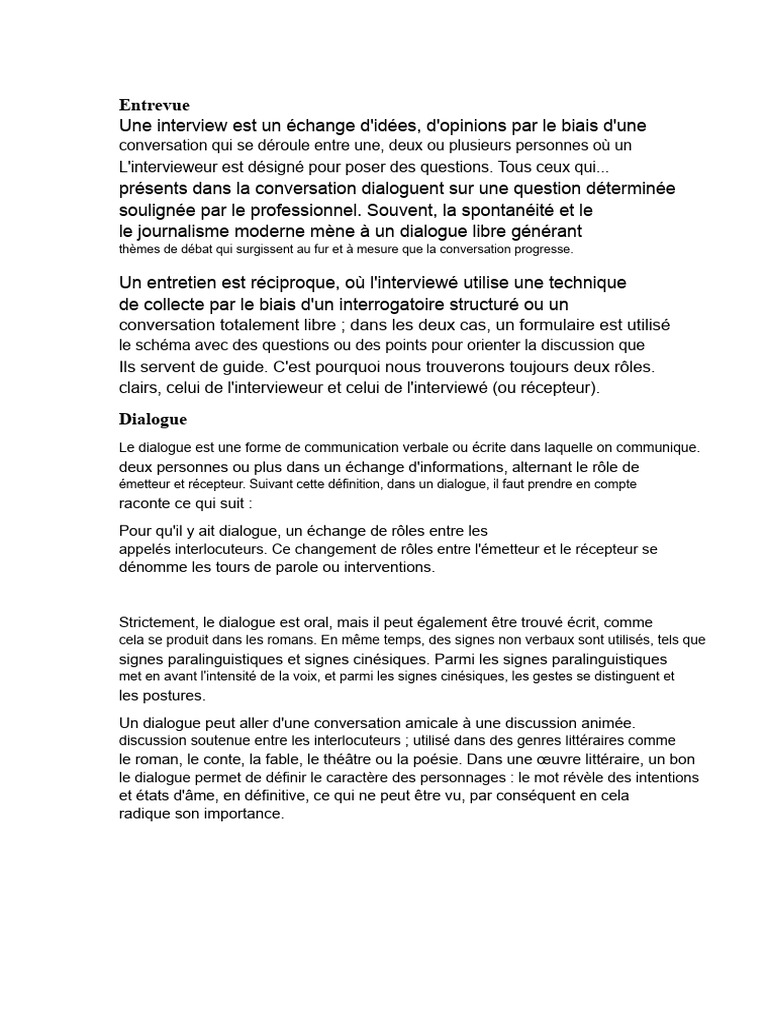 Types d'interactions : Entrevue, Dialogue, Colloque | PDF | Dialogue ...